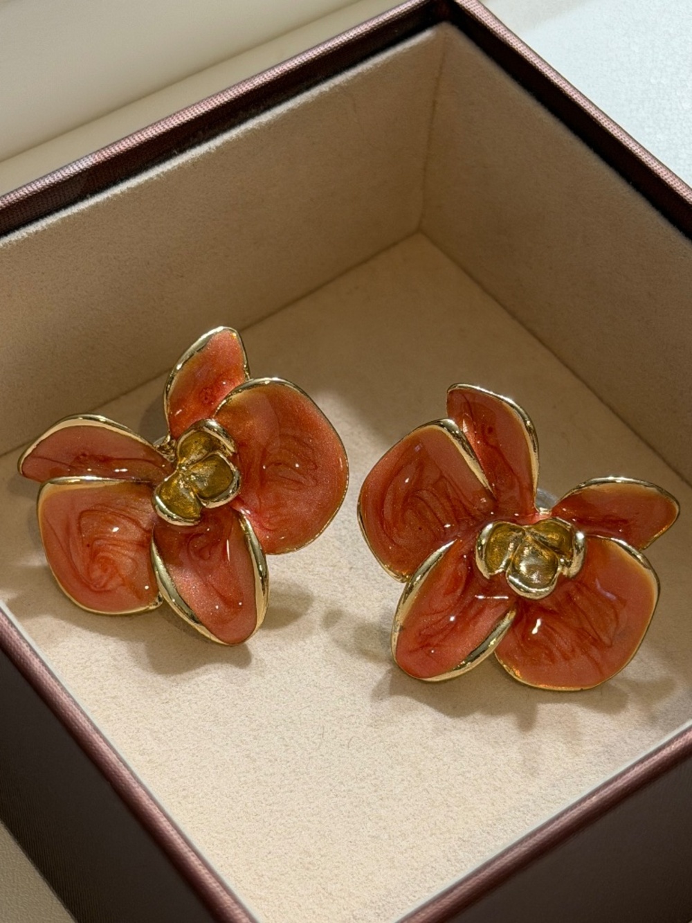 Vintage Golden Orange Enamel Butterfly Orchid Flower Statement Earrings
